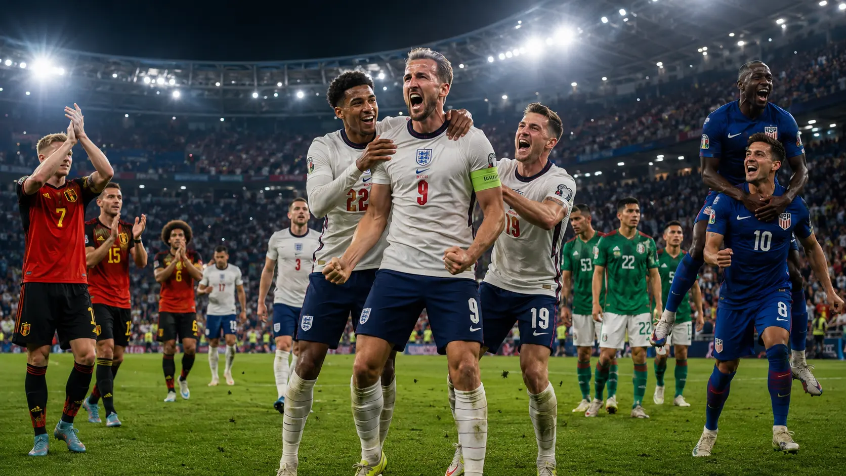 England players celebrate qualification while Mexico, Belgium and the USA prepare for FIFA World Cup knockout action.
