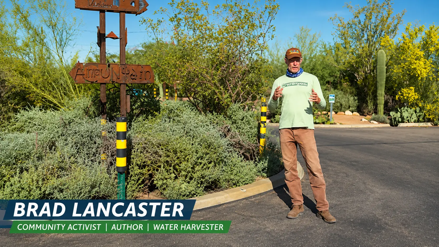 Brad Lancaster demonstrating rainwater harvesting in Tucson, Arizona
