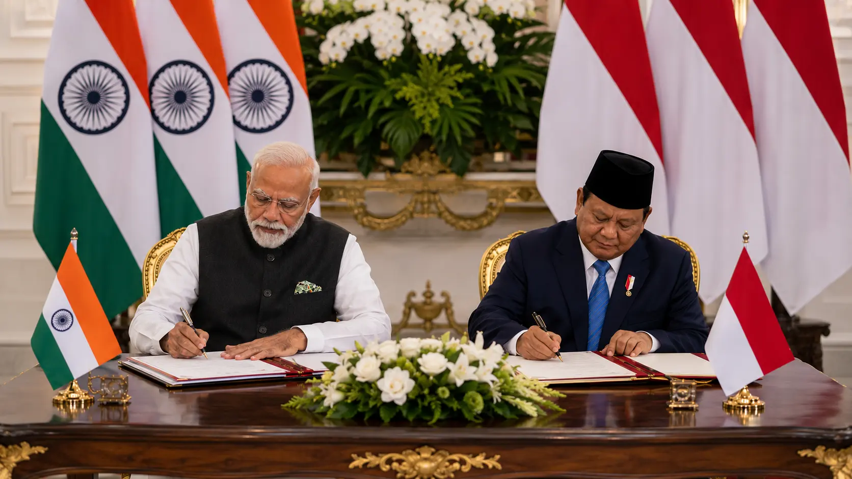 Indian and Indonesian leaders during talks on defence cooperation including BrahMos and Astra missile exports.