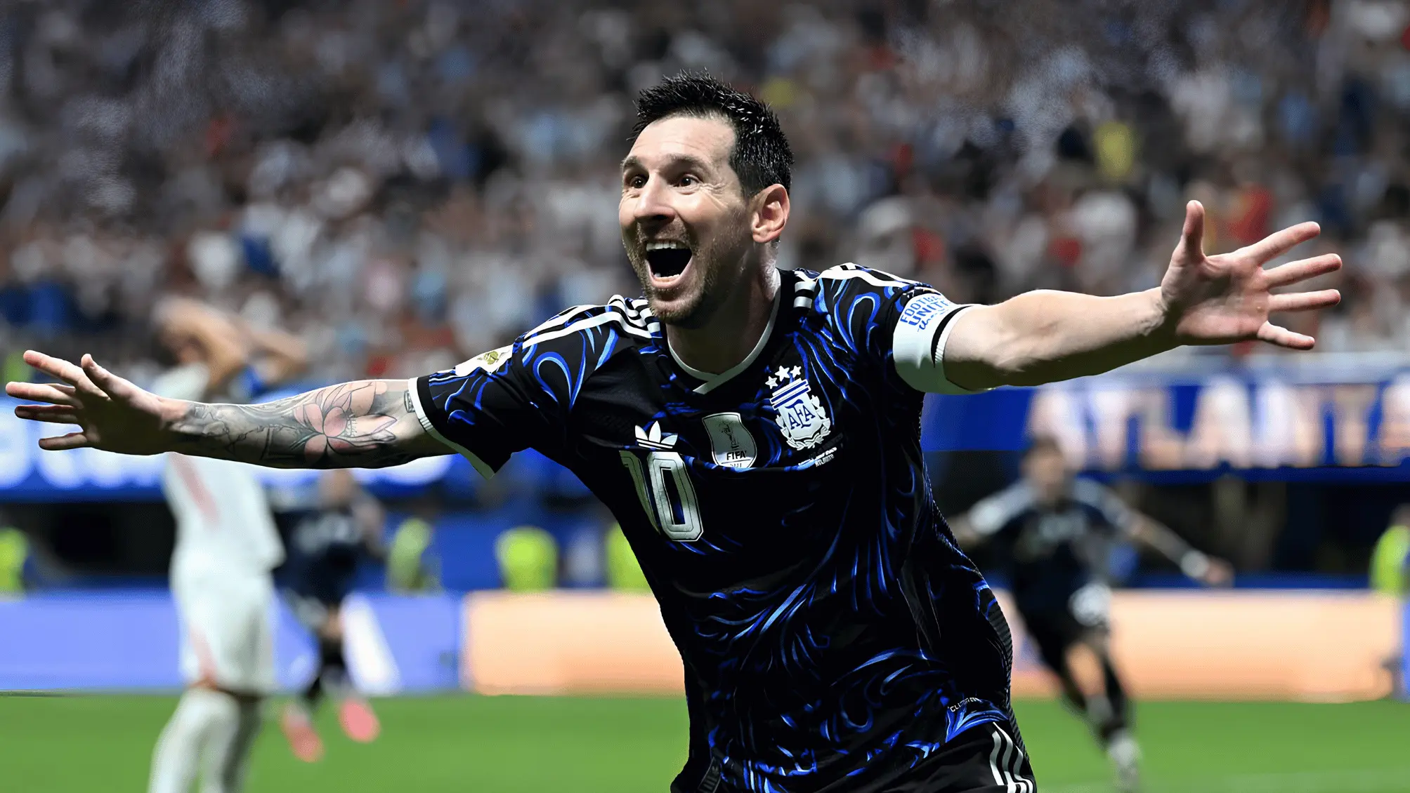 Lionel Messi celebrates with Argentina after defeating England to reach the FIFA World Cup final