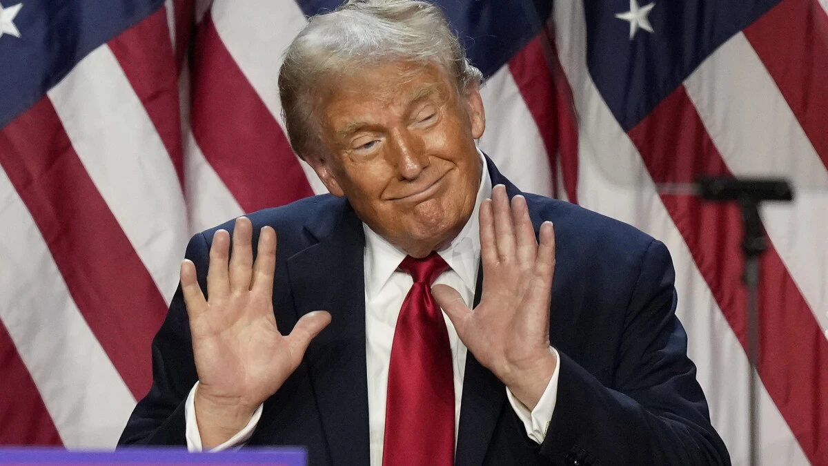 Donald Trump with financial disclosure documents against a cryptocurrency market backdrop.