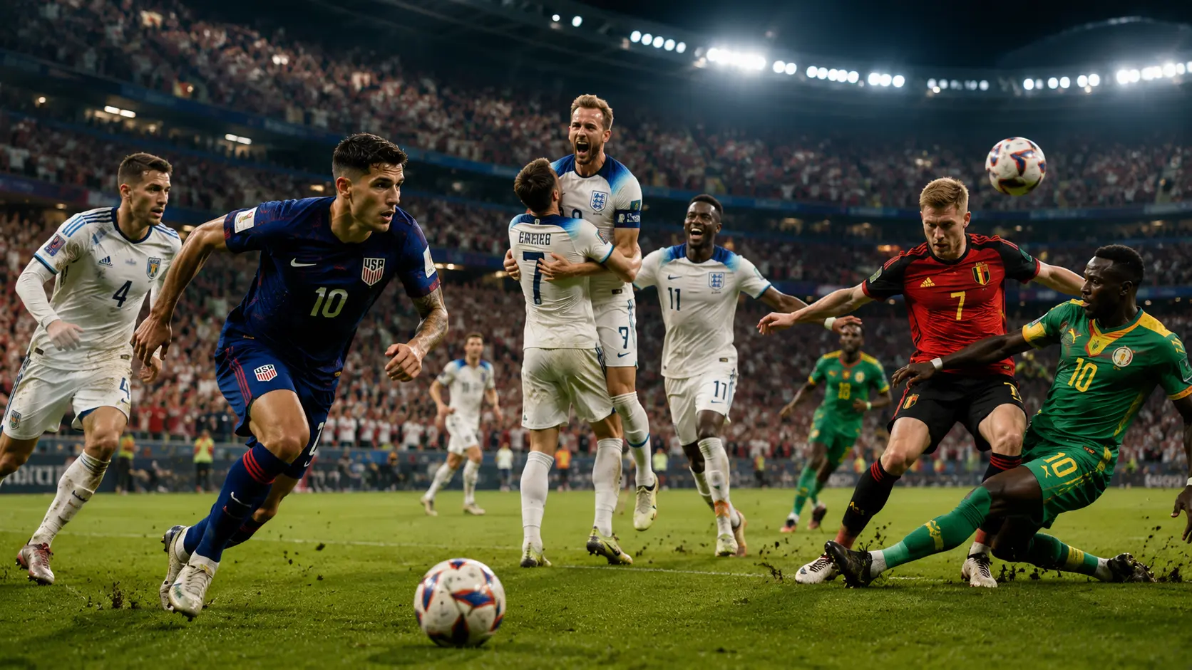 Players from the USA, England, Belgium, Bosnia and Herzegovina, DR Congo and Senegal compete during FIFA World Cup Round of 32 matches.