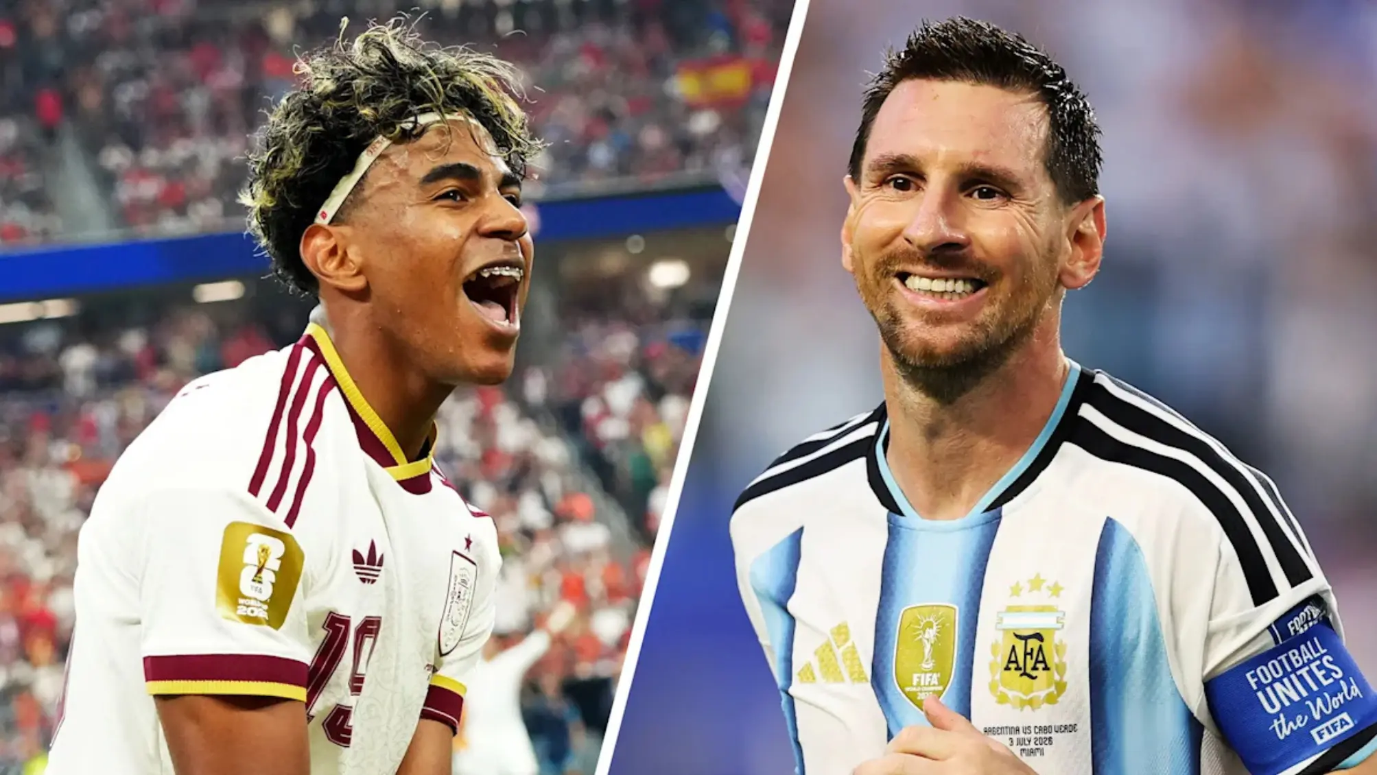 Lionel Messi of Argentina and Lamine Yamal of Spain ahead of the FIFA World Cup 2026 final at New York New Jersey Stadium.
