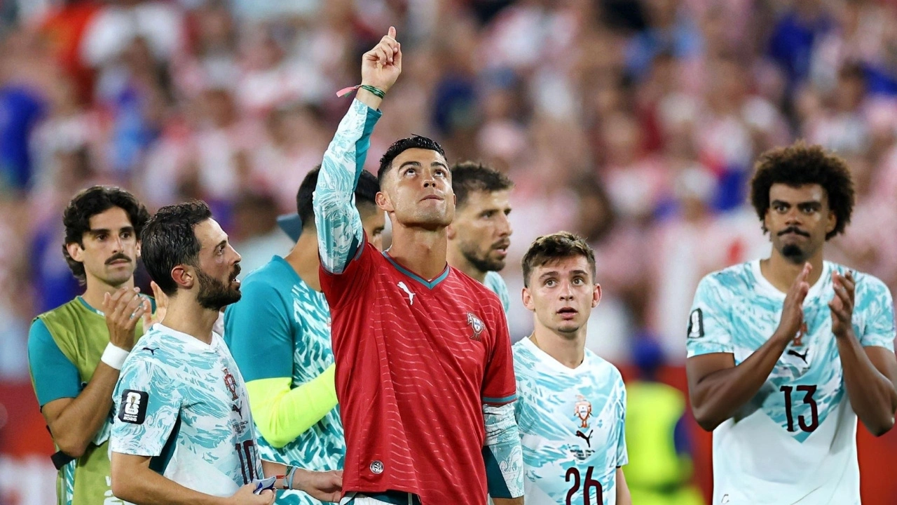 Portugal players gather after their World Cup victory to honor Diogo Jota.