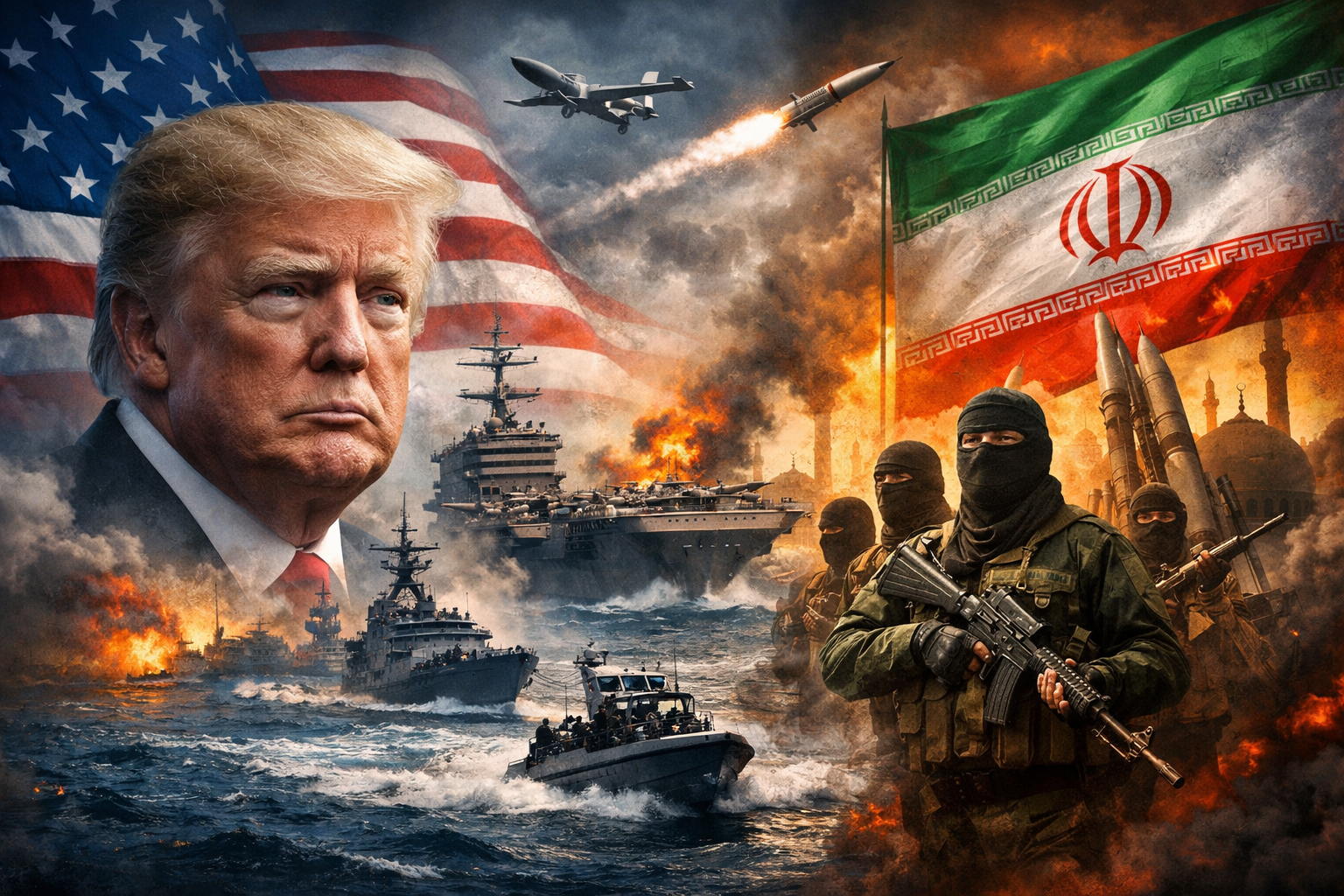 Composite image showing Donald Trump against the U.S. flag, American naval warships in the Gulf, and Iranian military forces with missiles and national flag symbolizing rising US-Iran tensions.