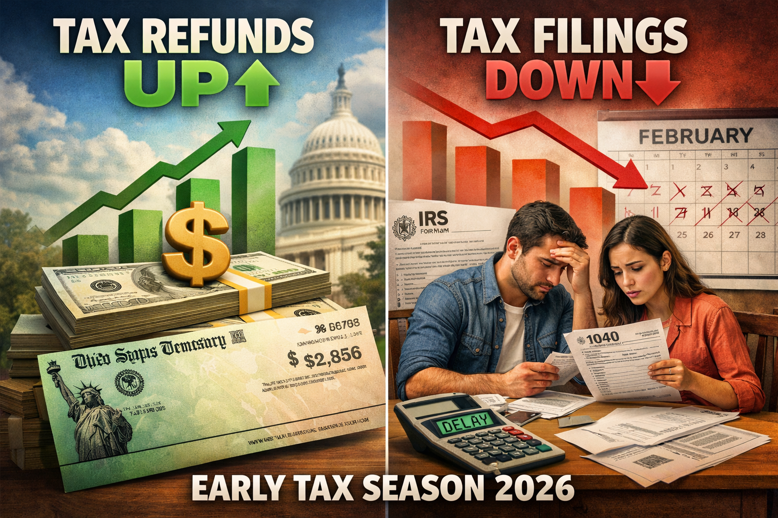 Graph showing higher tax refunds but fewer tax filings at the start of the tax season
