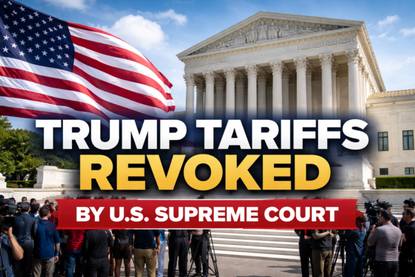 Exterior view of the U.S. Supreme Court building in Washington, D.C., with headline text announcing Trump tariffs revoked by the court, American flag visible and media gathered outside.