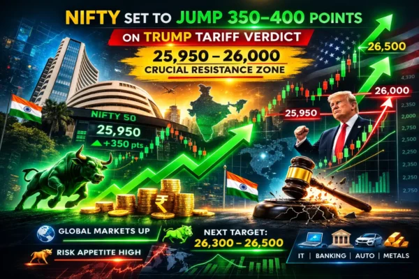 Nifty stock market index board showing sharp gains amid global rally after Trump tariff verdict