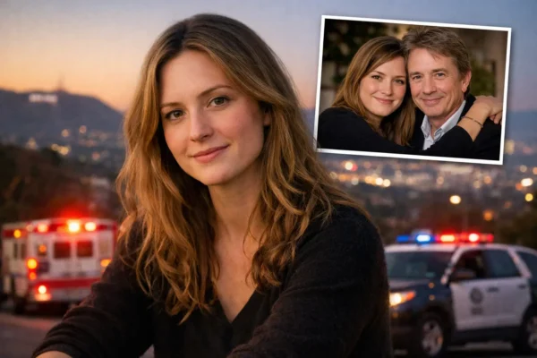 Portrait-style featured image representing Katherine Short, daughter of actor Martin Short, against a muted city backdrop symbolizing remembrance.