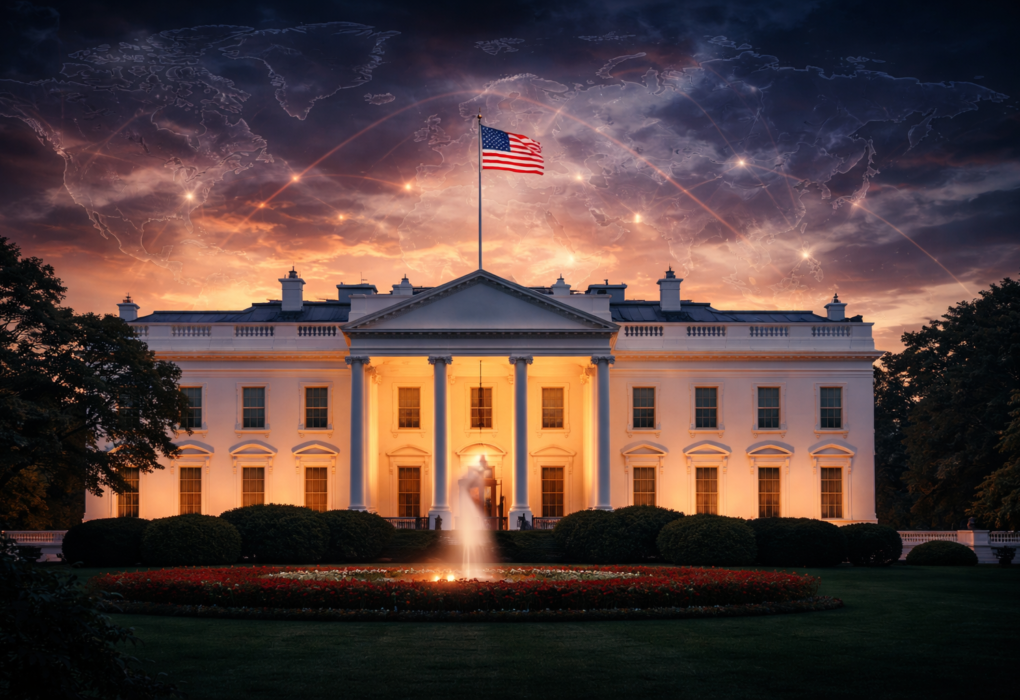 The White House at dusk with American flag and subtle global map overlay symbolizing US foreign policy influence.