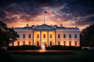 The White House at dusk with American flag and subtle global map overlay symbolizing US foreign policy influence.