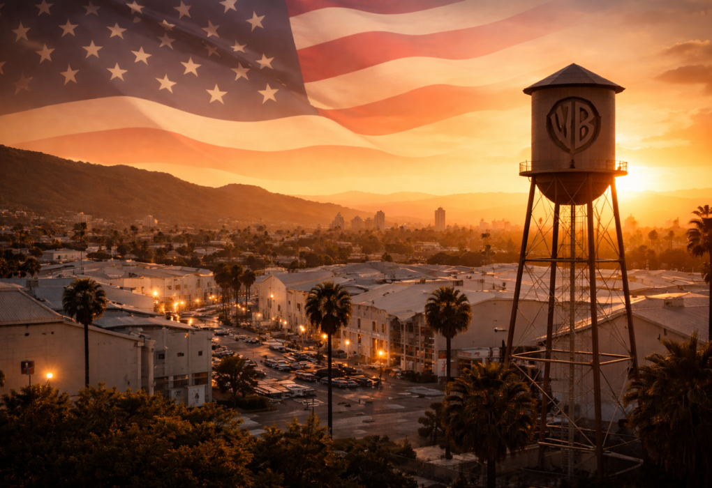 Hollywood studio lot at sunset with American flag symbolism representing politics and media influence.