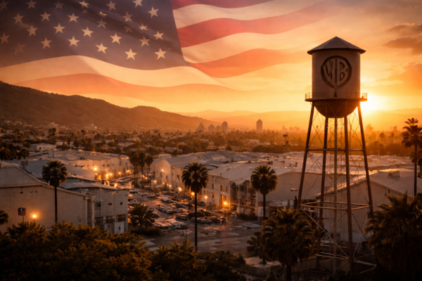 Hollywood studio lot at sunset with American flag symbolism representing politics and media influence.