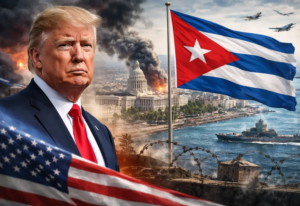 Former U.S. President Donald Trump in the foreground with the Cuban flag waving over Havana’s coastline, military aircraft in the sky, a naval ship offshore, and smoky skies symbolizing geopolitical tension between the United States and Cuba.