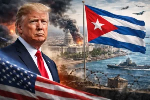 Former U.S. President Donald Trump in the foreground with the Cuban flag waving over Havana’s coastline, military aircraft in the sky, a naval ship offshore, and smoky skies symbolizing geopolitical tension between the United States and Cuba.
