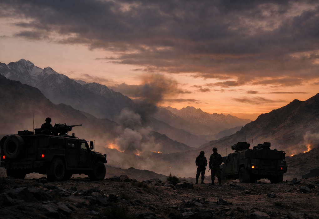 Military vehicles near the mountainous Pakistan-Afghanistan border amid rising tensions.
