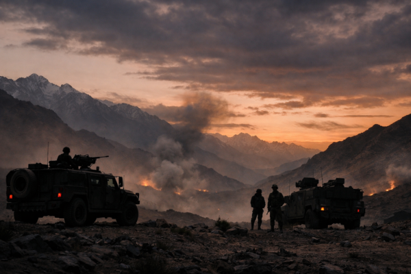 Military vehicles near the mountainous Pakistan-Afghanistan border amid rising tensions.