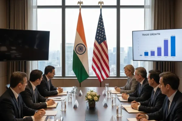 Indian and US flags displayed side by side during a bilateral trade negotiation meeting
