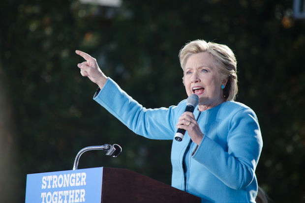 Hillary Clinton speaking during a BBC interview where she accused the Trump administration of covering up Jeffrey Epstein-related files.