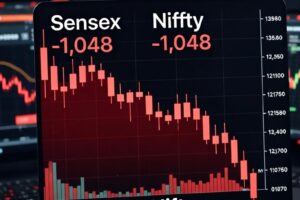 Chart illustrating the BSE Sensex decline of over 1,000 points on February 13, 2026, showing a downward trend in stock values.