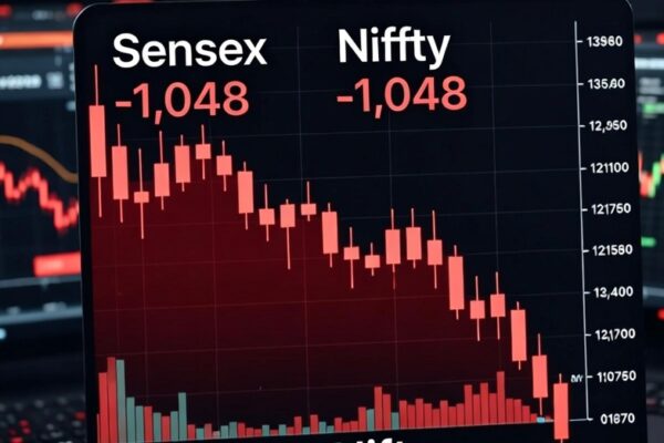 Chart illustrating the BSE Sensex decline of over 1,000 points on February 13, 2026, showing a downward trend in stock values.