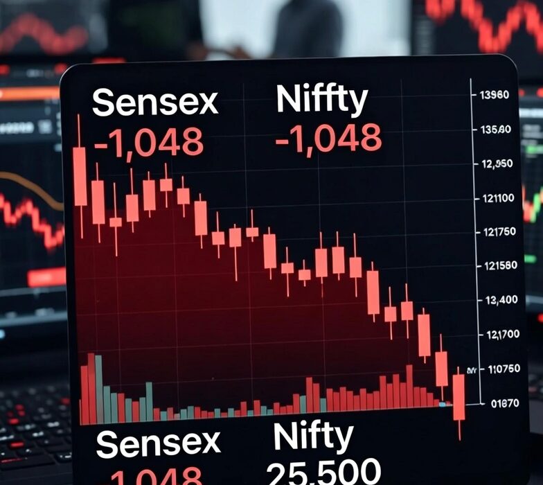 Chart illustrating the BSE Sensex decline of over 1,000 points on February 13, 2026, showing a downward trend in stock values.
