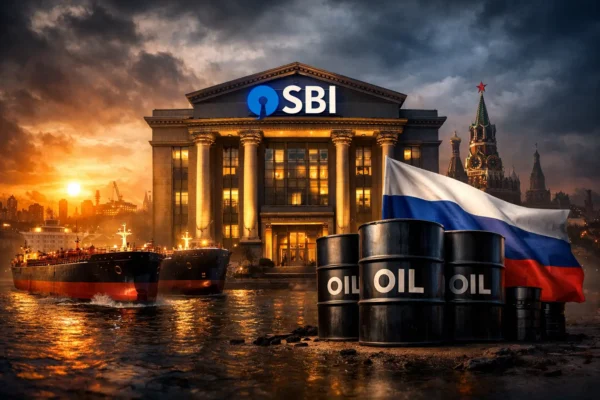 SBI banking building with oil tanker ships symbolizing Russian oil payments and global sanctions compliance issues.