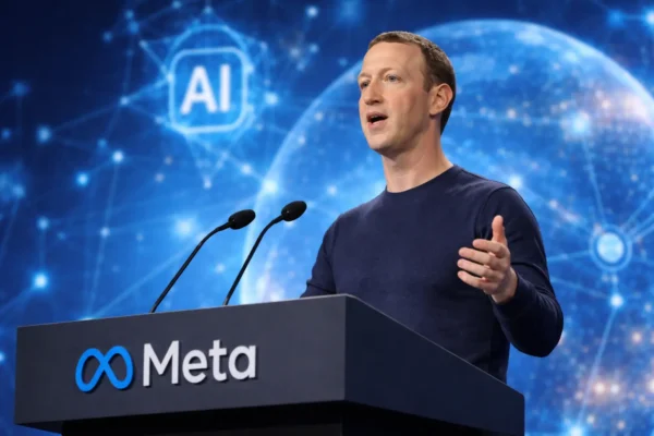 Mark Zuckerberg speaking at a podium about Meta AI investment strategy and potential job cuts.