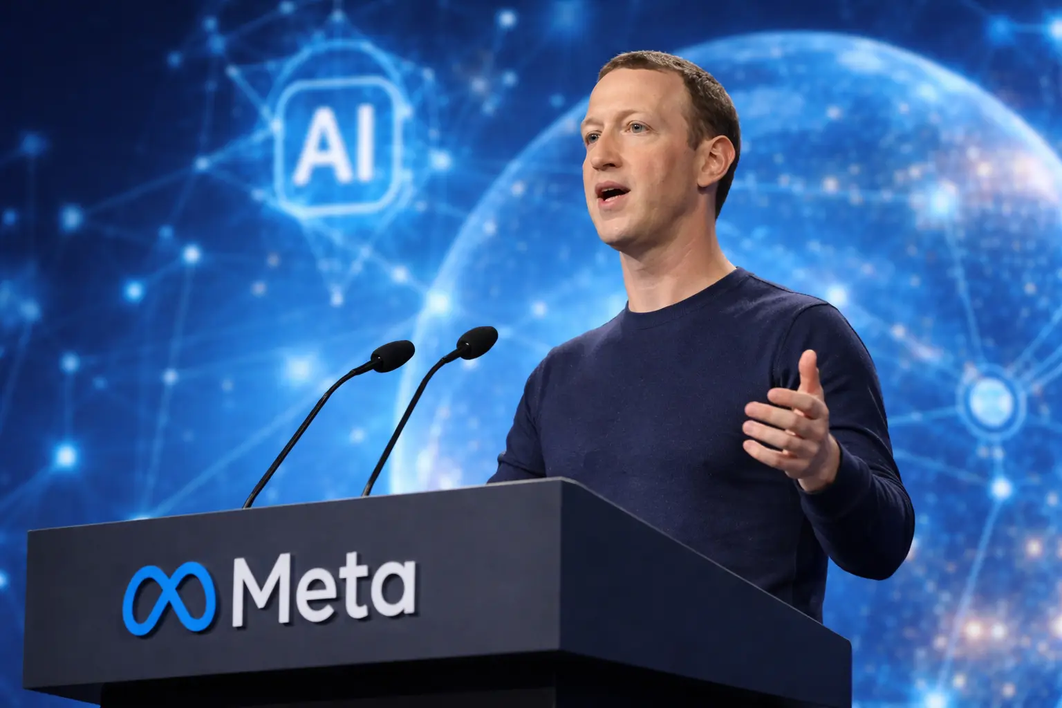 Mark Zuckerberg speaking at a podium about Meta AI investment strategy and potential job cuts.