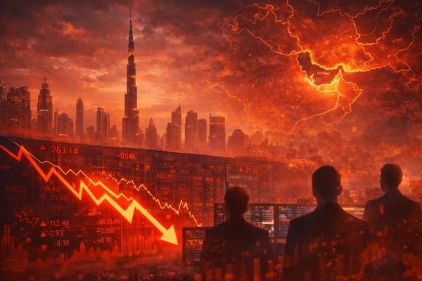 Dubai skyline with falling stock market charts representing the Dubai market entering bear territory during the Iran conflict.