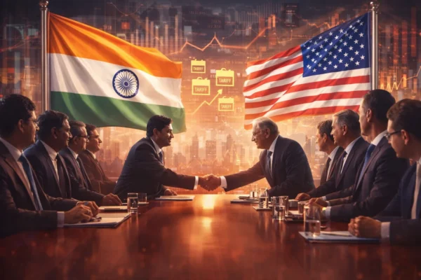 India and US flags displayed during a trade negotiation meeting symbolizing the upcoming bilateral trade deal and new tariff framework.