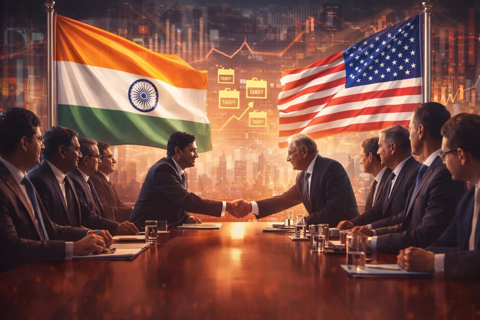 India and US flags displayed during a trade negotiation meeting symbolizing the upcoming bilateral trade deal and new tariff framework.