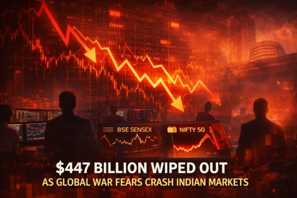 Falling stock market chart with Indian market indices representing the $447 billion selloff in Indian equities.