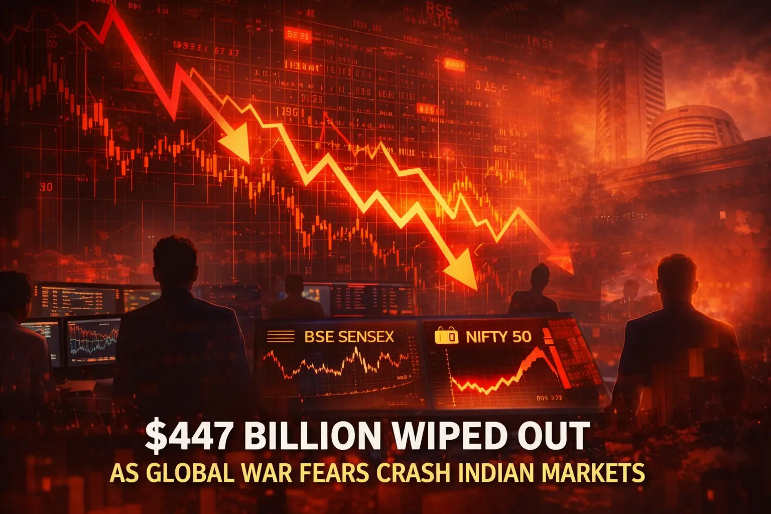 Falling stock market chart with Indian market indices representing the $447 billion selloff in Indian equities.