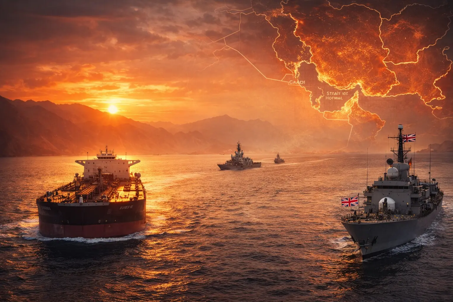 Oil tankers moving through the Strait of Hormuz with naval vessels nearby amid rising geopolitical tensions.