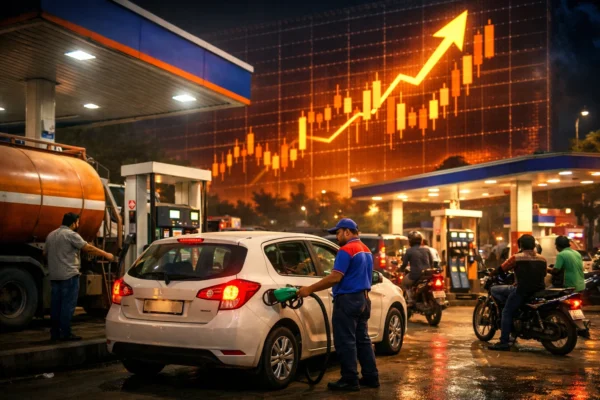 Indian petrol station with vehicles refueling as global crude oil prices surge.