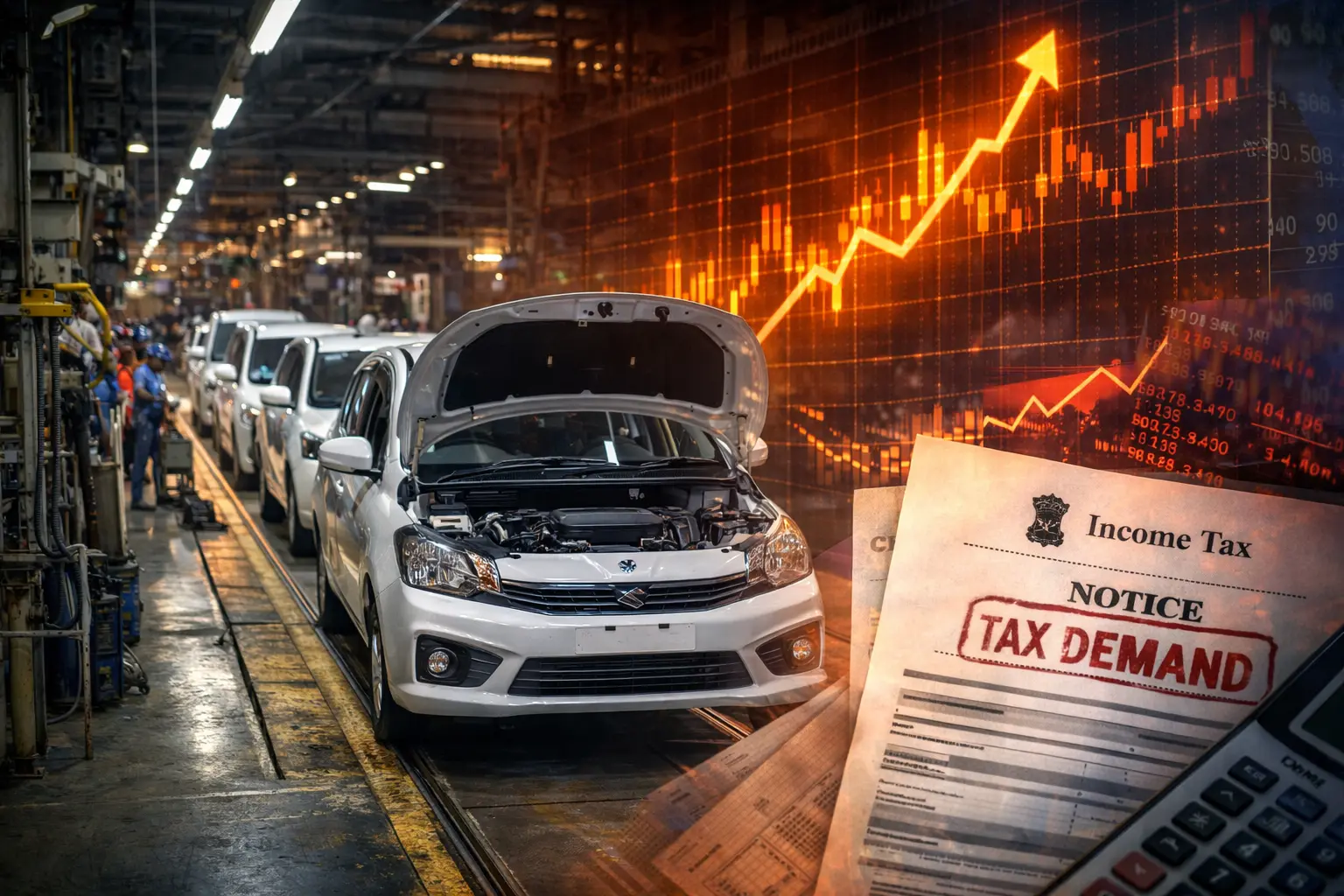 Maruti Suzuki manufacturing plant with financial tax documents illustrating income tax dispute.
