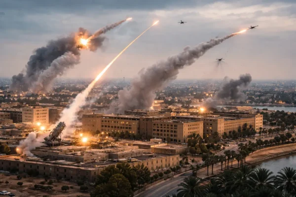 Iran war live updates US Embassy Baghdad attack showing defense systems responding to aerial threats
