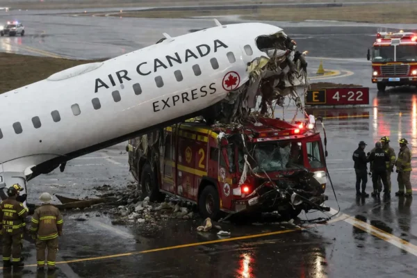 Canada airplane fire truck collision at airport runway with emergency response teams