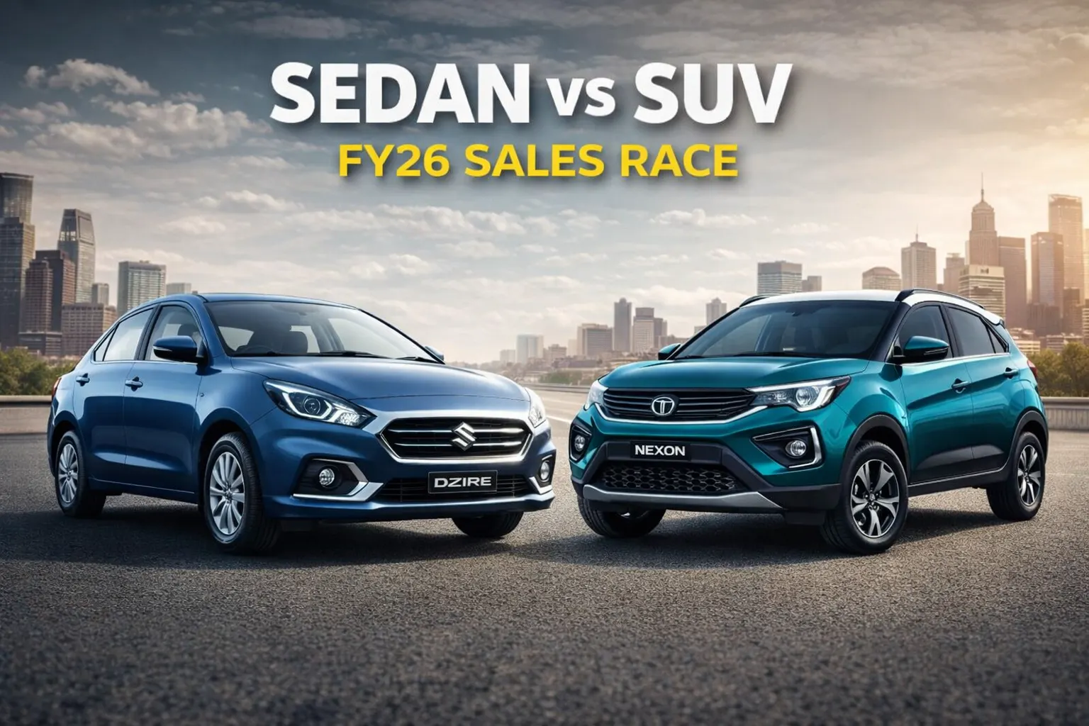 Tata Nexon SUV and Maruti Suzuki Dzire sedan side by side, representing top sales models in India’s 2026 market.