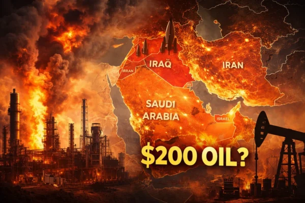 Oil refinery flames and regional map symbolizing escalating Middle East conflict and rising crude oil prices.