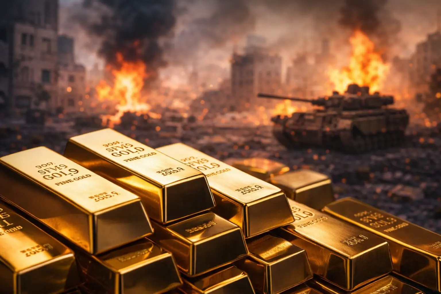 Gold bars stacked together as global markets react to escalating Middle East conflict.