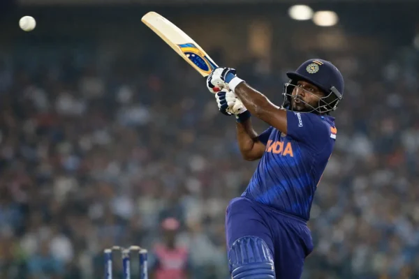 Sanju Samson plays an attacking stroke during a T20 innings that showcased his full range of aggressive batting shots.