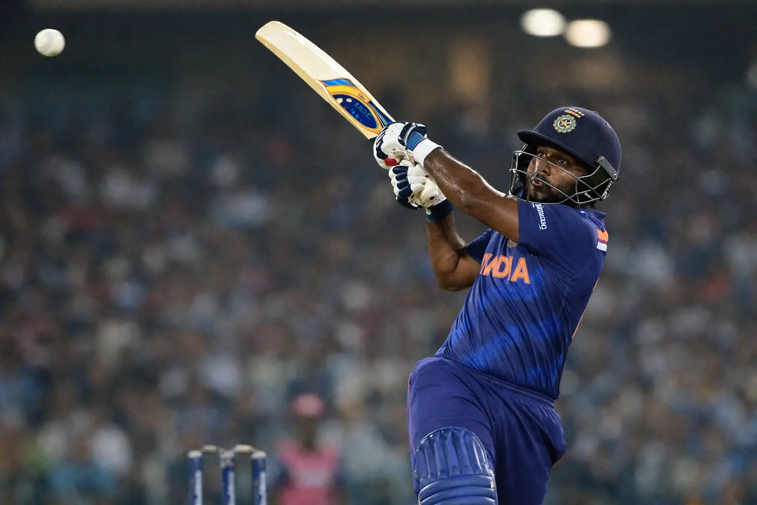 Sanju Samson plays an attacking stroke during a T20 innings that showcased his full range of aggressive batting shots.