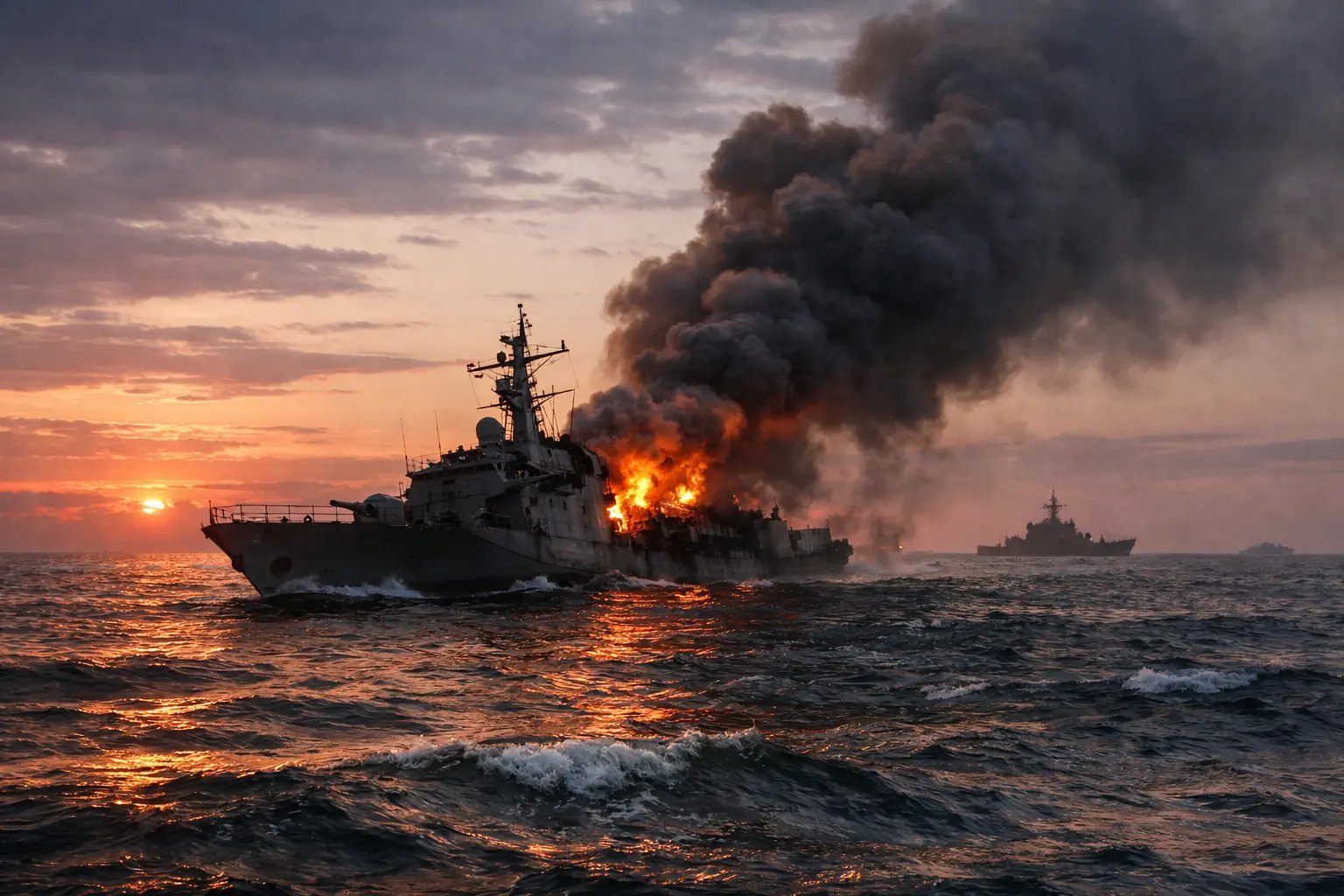 Final voyage of Iranian warship sunk by US forces with smoke rising in the Strait of Hormuz.