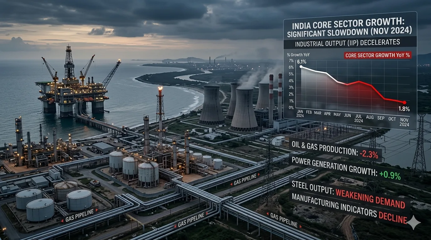 Oil rigs and gas infrastructure with falling growth chart representing slowdown in India core sector