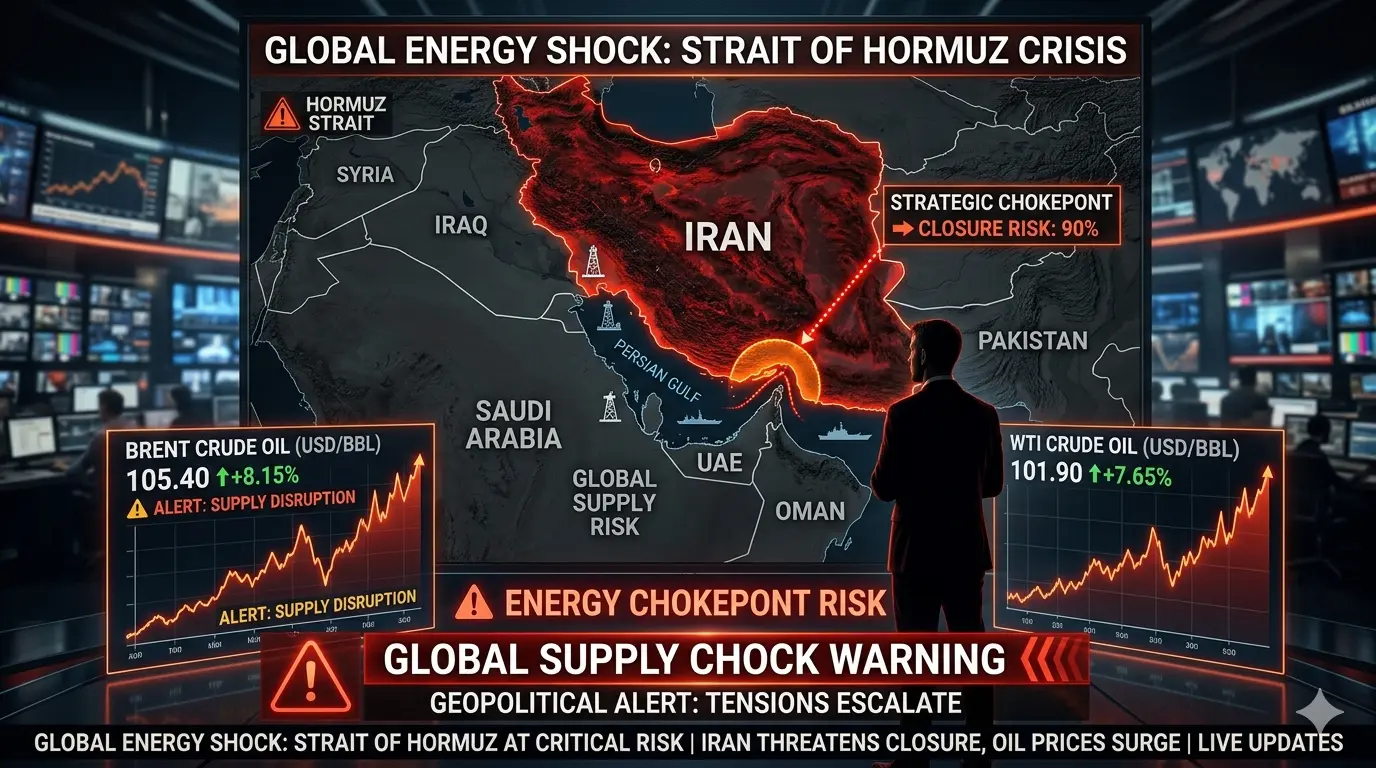 Map of Iran and Strait of Hormuz with rising oil price chart symbolizing global energy shock warning