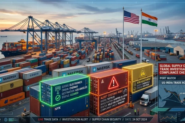 Cargo containers under inspection with US and India flags symbolizing forced labour trade probe