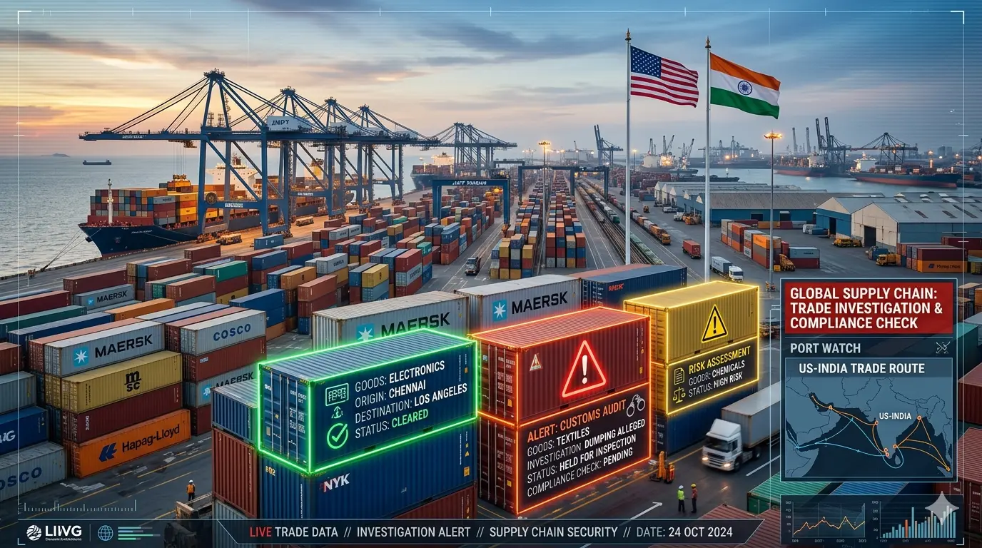 Cargo containers under inspection with US and India flags symbolizing forced labour trade probe