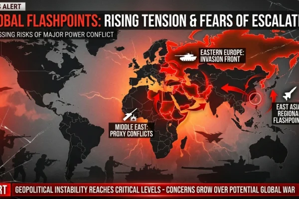 World map highlighting global conflict zones symbolizing fears of World War 3